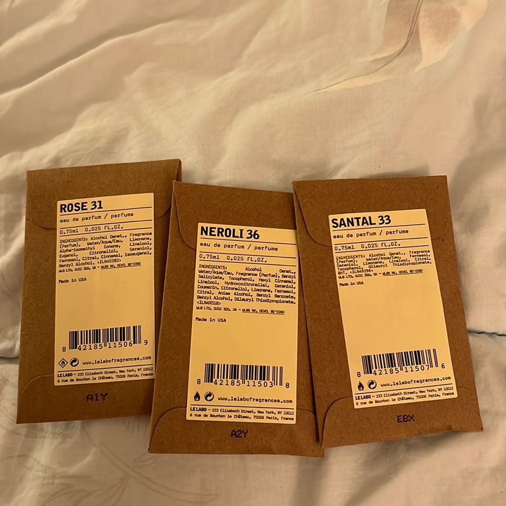 Le labo samples Santal 33 rose 31 neroli 36